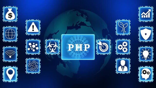 P H P programming language concept digital interface with global network icons and business analytics data growth success strategy and innovation ideas - Powered by Adobe