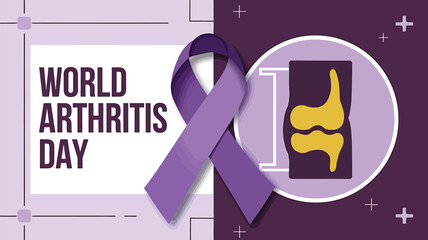 Vector art of world arthritis day celebrated on october 12, featuring a purple ribbon and a stylized xray image of a knee joint, promoting awareness and understanding of the condition