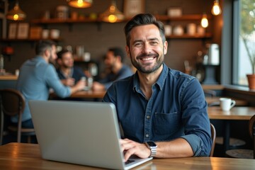 Title: A Man Smiling in a Bustling Cafe Setting