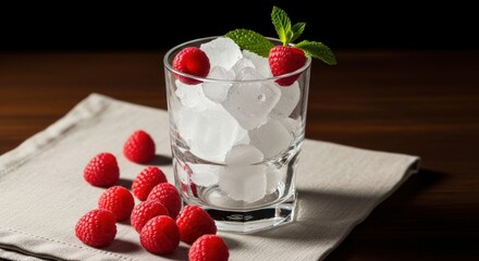 Refreshing glass of ice cubes with raspberries and mint on linen napkin