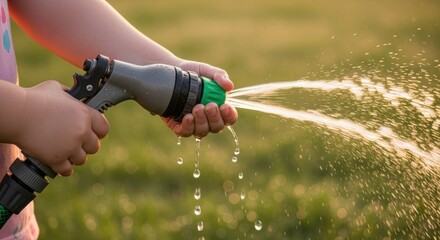 Child enjoying water play with garden hose in sunny yard