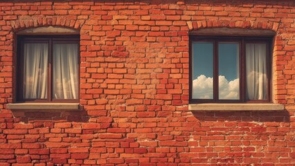 Fototapeta premium Two arched windows with curtains and cloud reflections in a weathered brick wall