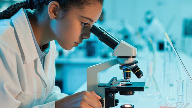 Young Scientist Examining Sample Through Microscope in Laboratory Setting
