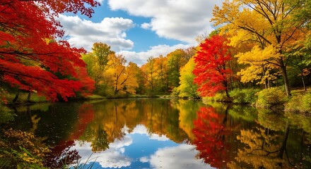 Beautiful autumn landscape reflecting in the calm river with colorful trees and blue sky with clouds