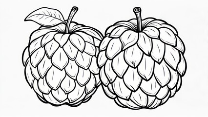 Two Custard Apples Black and White Line Art Illustration.
