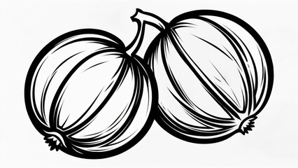 Two gooseberries in a simple black and white line art illustration.