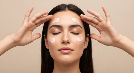 Young caucasian female applying skincare cream on face