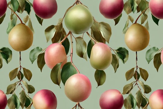 Digital art repeating pattern of stylized fruit (pears & apples) with foliage, on a muted background