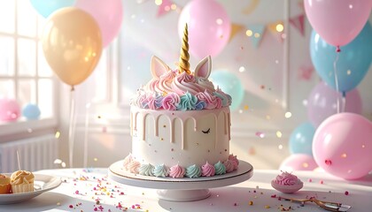 Unicorn Birthday Cake with Balloons and Party Decorations for Celebration