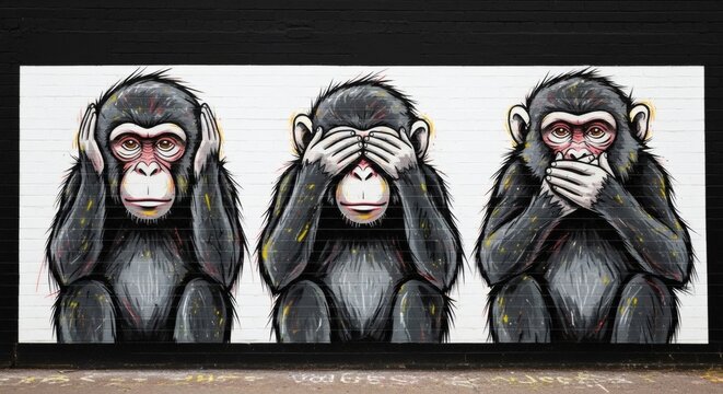 A bright mural shows the Three Wise Monkeys covering eyes, ears, and mouth, with the phrase &ldquo;Not to see, not to hear, not to speak.&rdquo;
