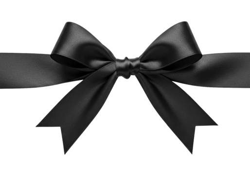 Elegant black ribbon bow isolated on transparent background, mourning symbol