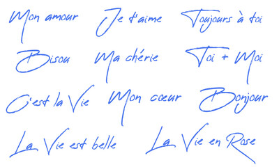 Romantic french words of affection and greetings in elegant calligraphy. Mon amour, Ma cherie, Je t'aime and other popular phrases. Hand drawn lettering set isolated on white background. 