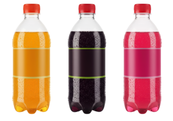 Three colorful soda bottles isolated on transparent background, refreshing drinks with blank labels