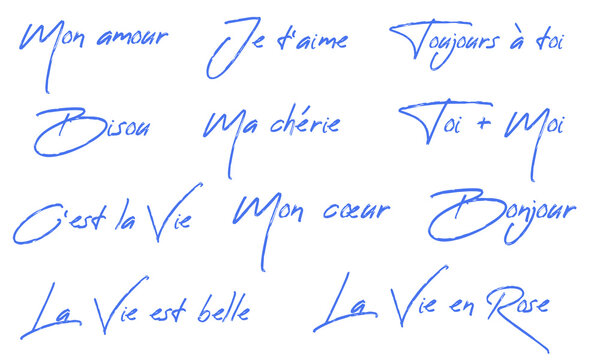 Romantic french words of affection and greetings in elegant calligraphy. Mon amour, Ma cherie, Je t'aime and other popular phrases. Hand drawn lettering set isolated on white background. 
