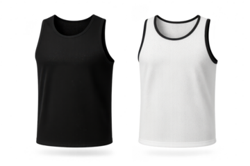 Two tank tops isolated on transparent background, black and white undershirts