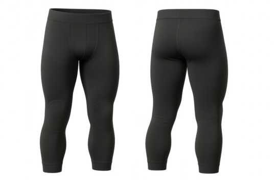 Black compression pants, isolated on transparent background, front and back view