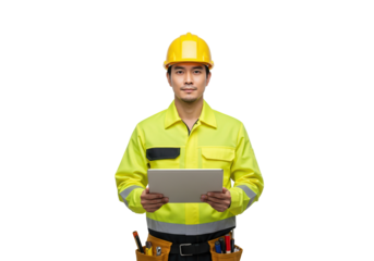 Asian construction worker in yellow hard hat isolated, holding tablet for inspection