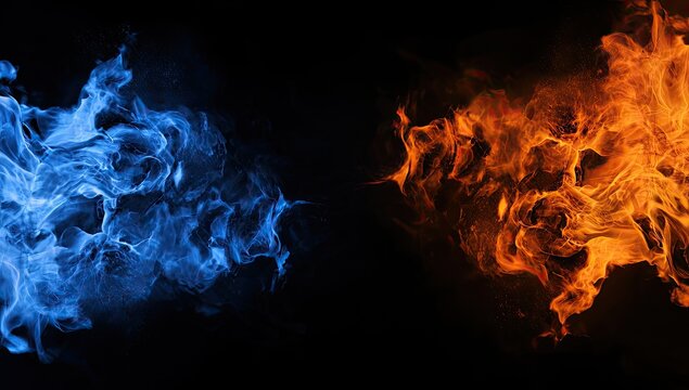 Dynamic contrast of icy blue and fiery orange flames against a black backdrop
