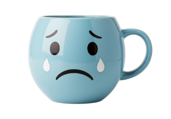Sad blue mug with tears isolated on transparent background, crying face emoticon PNG