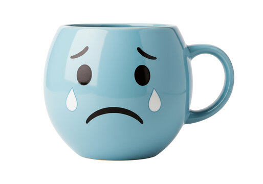 Sad blue mug with tears isolated on transparent background, crying face emoticon PNG