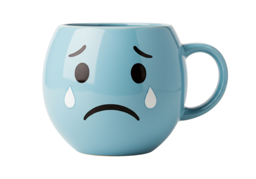 Sad blue mug with tears isolated on transparent background, crying face emoticon PNG