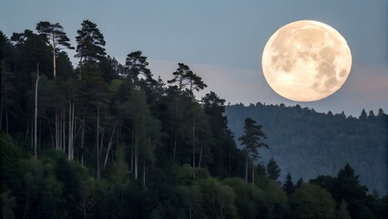 A moon is shining in the sky above a forest. The moon is large and bright. illuminating the dark
