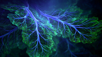 Exploring fractal veins glowing with vibrant colors in translucent skin during a mesmerizing display of pulsating light