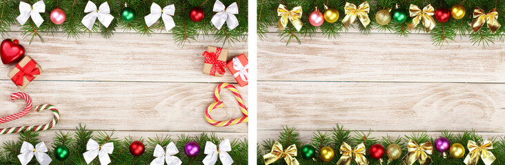 Christmas frame made of fir branches decorated with balls, bows, candy canes and boxes on a light wooden background