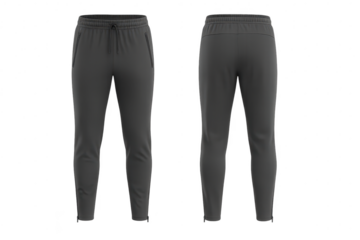 Dark grey running pants isolated on transparent background, front and back view