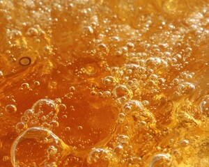 Detailed Close-up of Clear Flowing Honey Syrup with Bubbles on a Wall-Like Surface