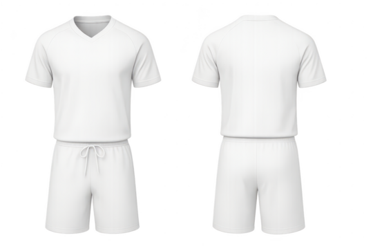 White soccer uniform isolated on transparent background, front and back view