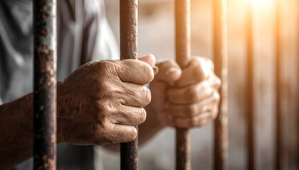 Hands of prisoner gripping rusty iron bars, close-up detail with strong contrast lighting