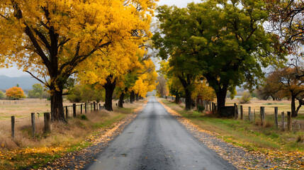 Naklejka premium Autumn Road Lined with Trees