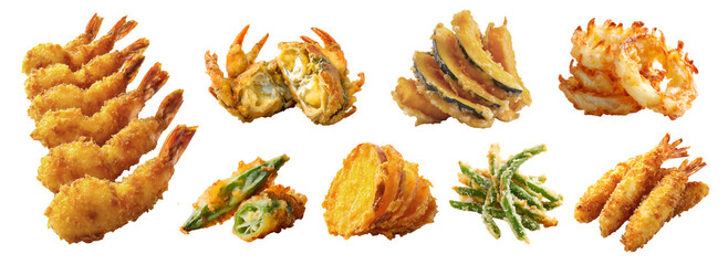 Set of Traditional Japanese tempura, crispy batter deep-fried, many variety, seafood vegetable, okra crab pumpkin shrimp prawn, green bean, sweet potato, onion, transparent cutout PNG. Mockup template