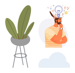 Pensive man with hand on chin, light bulb and icons representing ideas. Large leafy plant decor. Ideal for brainstorming, creativity, innovation, problem-solving, inspiration, intelligence simple