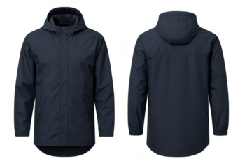 Isolated navy blue hooded raincoat on transparent backdrop, front and back