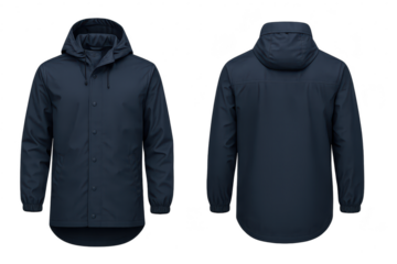 Navy blue hooded jacket isolated on transparent background, front and back view