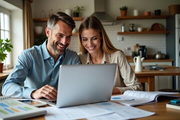 Calm image of content couple at kitchen table, working on laptop and surrounded by paperwork