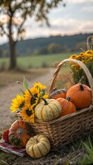 Basket with pumpkins and sunflowers on blurred nature background. Autumn harvest season. Organic