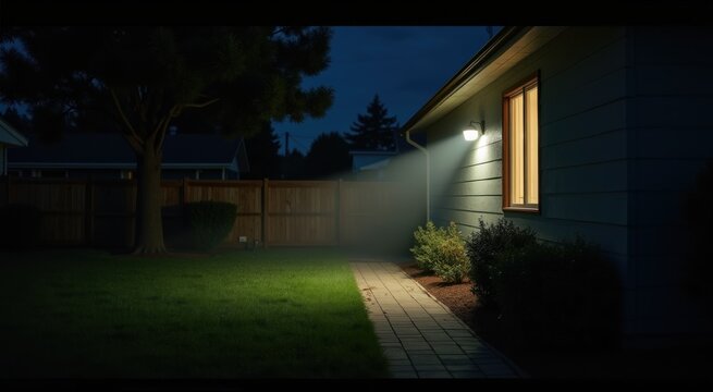 Suburban yard with motion sensor light turning on house facade softly illuminated