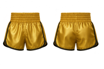 Gold satin boxing shorts with black trim isolated on transparent backdrop