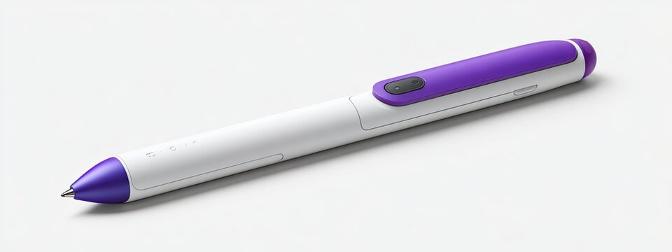 Sleek digital stylus featuring a purple grip, white body, and a black button. Angled on white backdrop