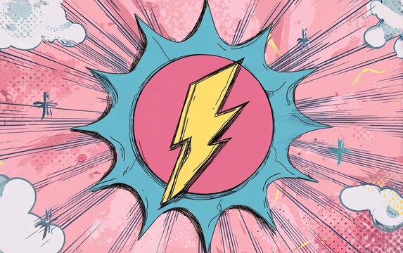 Comic-style explosion, featuring a yellow lightning bolt within a pink circle, against pink rays