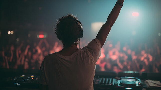 DJ performing at a music concert with the crowd in the background.