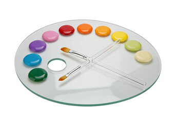 Glass artist palette with colorful paints and brushes isolated, art supplies on transparent background