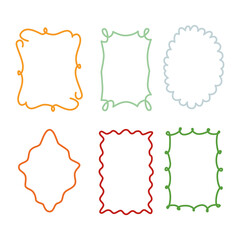 Frames in modern doodle scribble style. Cute line border ornaments, decorations. Curly decorative contour patterns.