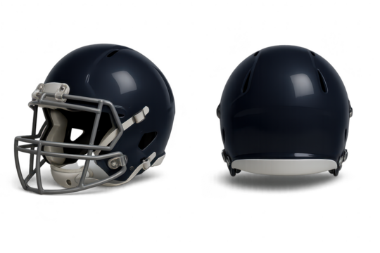 Dark blue football helmet isolated on transparent background, front and back
