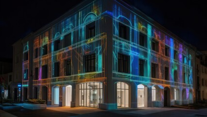 A building facade glows with colorful light projections at night, creating a digital art display