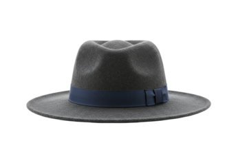 Elegant gray fedora hat with blue ribbon isolated on transparent background, stylish headwear
