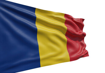 Waving flag of Romania isolated on white, national symbol of Romanian patriotism